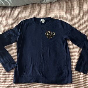 J. Crew Teddie Navy Sweater with Leopard Sequin Heart Detail